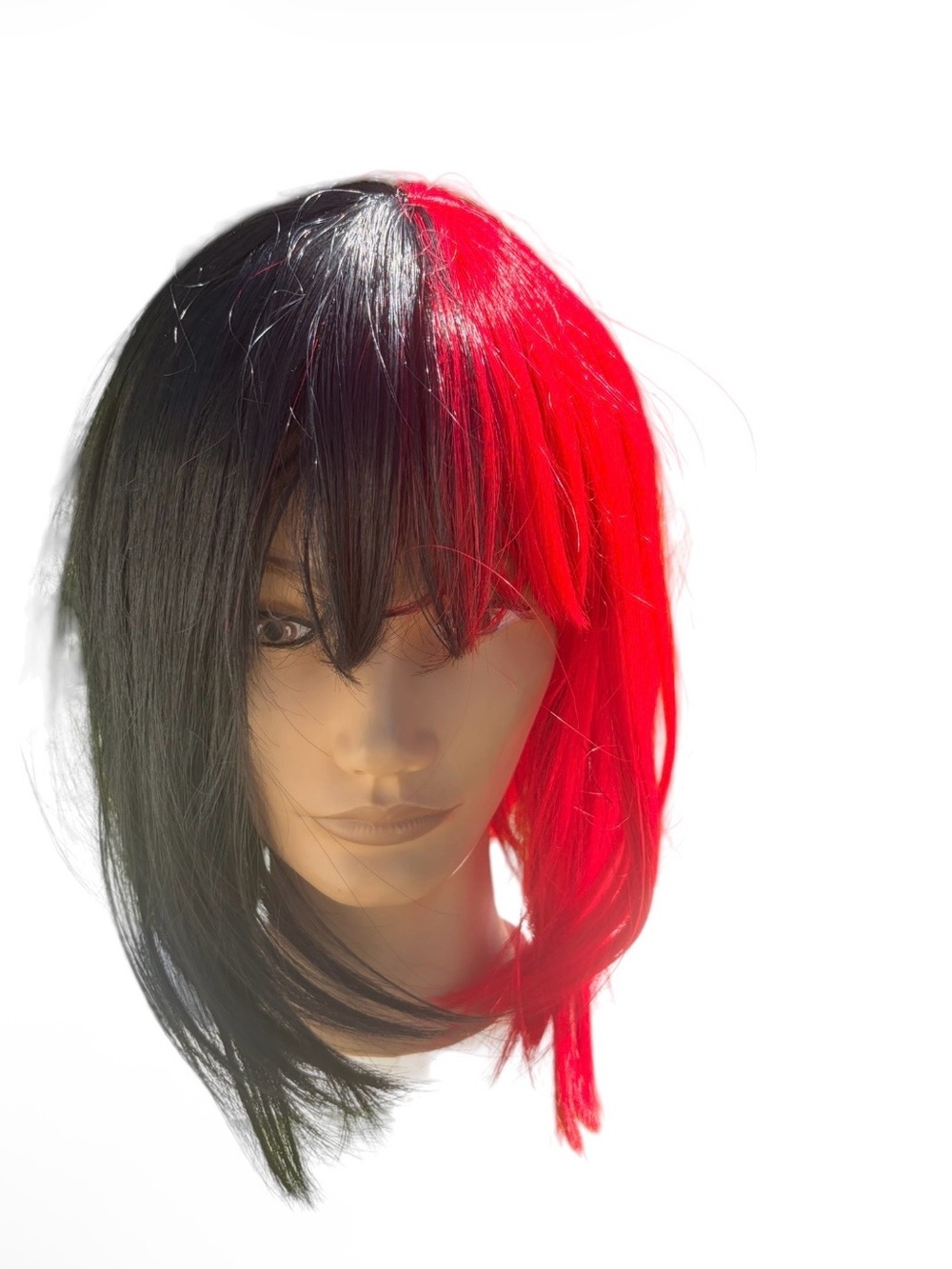 Split half red & half black synthetic angled straight bob wig with bangs